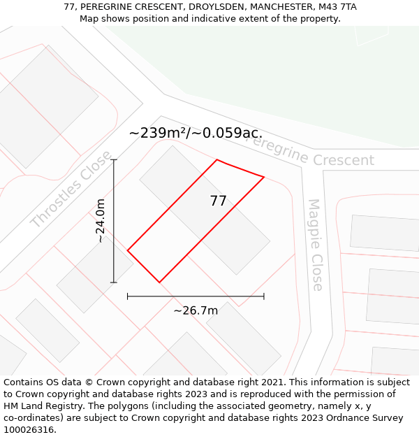 77, PEREGRINE CRESCENT, DROYLSDEN, MANCHESTER, M43 7TA: Plot and title map