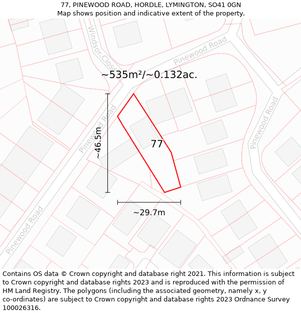 77, PINEWOOD ROAD, HORDLE, LYMINGTON, SO41 0GN: Plot and title map