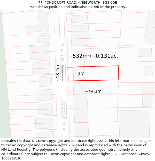 77, PONDCROFT ROAD, KNEBWORTH, SG3 6DE: Plot and title map