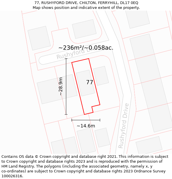 77, RUSHYFORD DRIVE, CHILTON, FERRYHILL, DL17 0EQ: Plot and title map