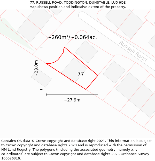 77, RUSSELL ROAD, TODDINGTON, DUNSTABLE, LU5 6QE: Plot and title map