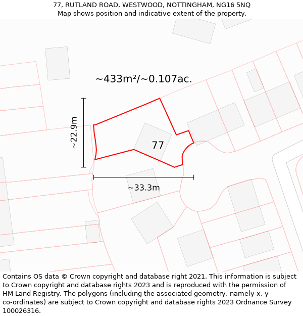 77, RUTLAND ROAD, WESTWOOD, NOTTINGHAM, NG16 5NQ: Plot and title map