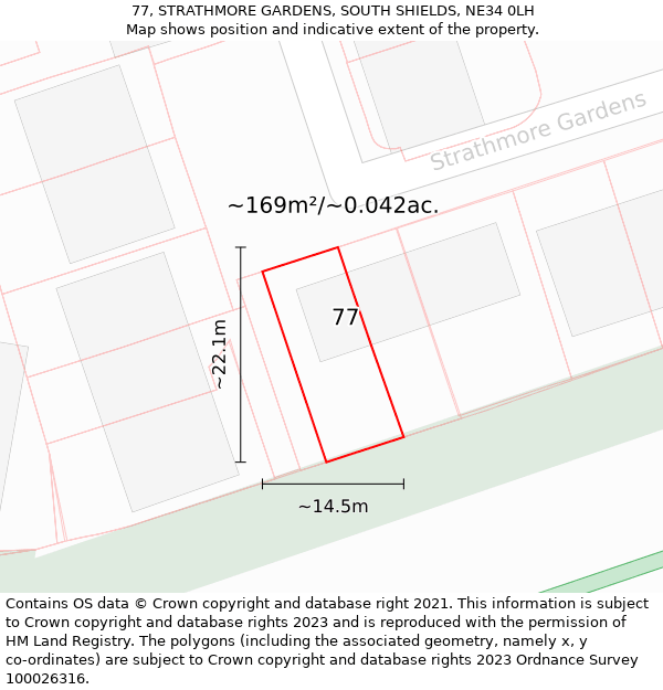 77, STRATHMORE GARDENS, SOUTH SHIELDS, NE34 0LH: Plot and title map