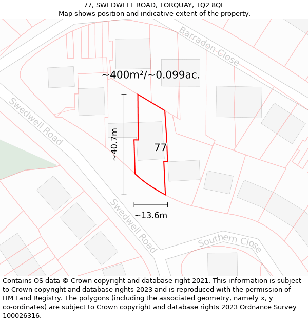 77, SWEDWELL ROAD, TORQUAY, TQ2 8QL: Plot and title map