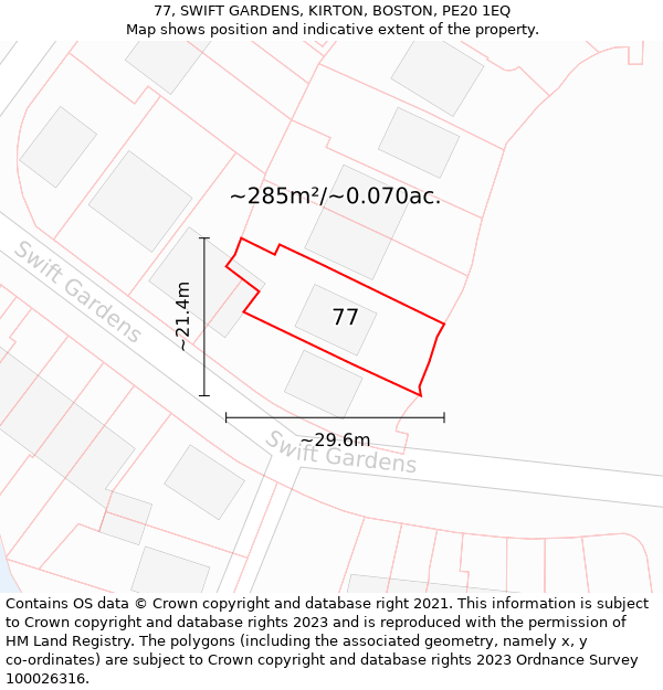 77, SWIFT GARDENS, KIRTON, BOSTON, PE20 1EQ: Plot and title map