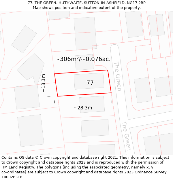 77, THE GREEN, HUTHWAITE, SUTTON-IN-ASHFIELD, NG17 2RP: Plot and title map