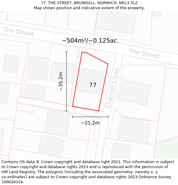 77, THE STREET, BRUNDALL, NORWICH, NR13 5LZ: Plot and title map