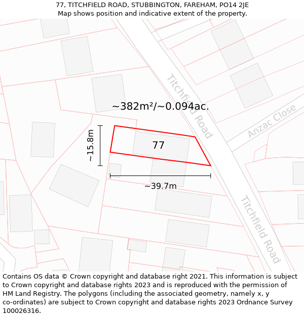 77, TITCHFIELD ROAD, STUBBINGTON, FAREHAM, PO14 2JE: Plot and title map