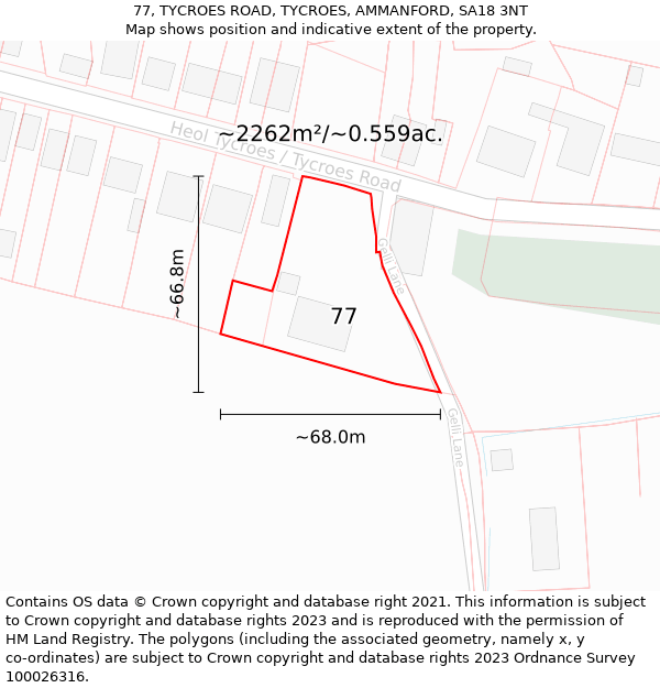 77, TYCROES ROAD, TYCROES, AMMANFORD, SA18 3NT: Plot and title map