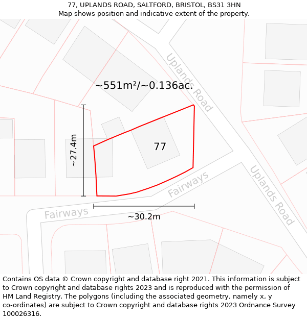 77, UPLANDS ROAD, SALTFORD, BRISTOL, BS31 3HN: Plot and title map