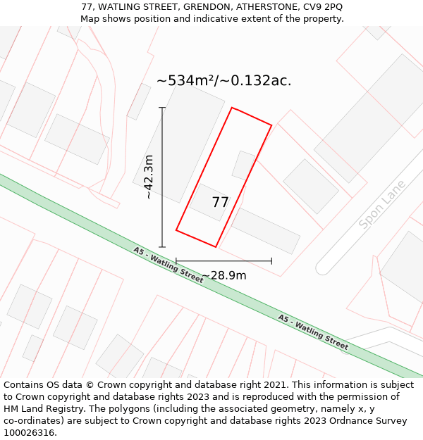77, WATLING STREET, GRENDON, ATHERSTONE, CV9 2PQ: Plot and title map