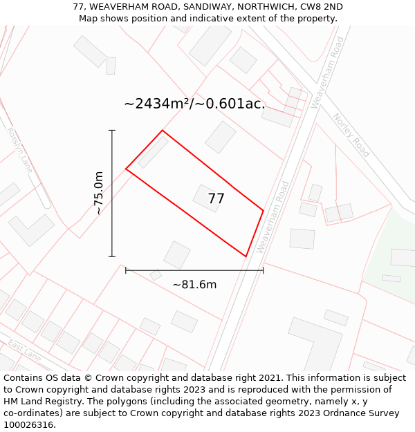 77, WEAVERHAM ROAD, SANDIWAY, NORTHWICH, CW8 2ND: Plot and title map