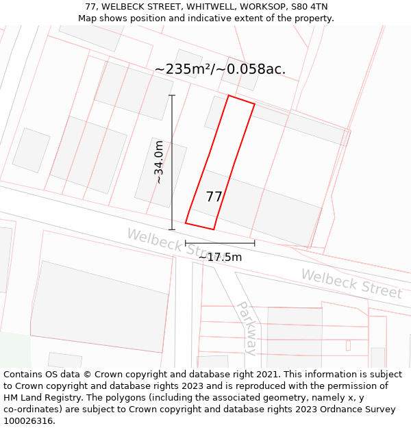 77, WELBECK STREET, WHITWELL, WORKSOP, S80 4TN: Plot and title map