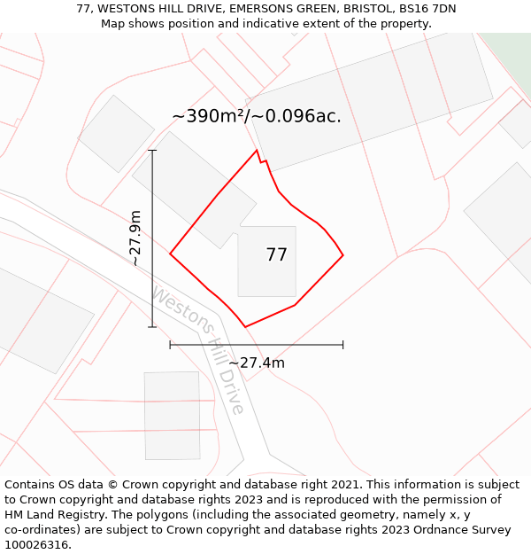 77, WESTONS HILL DRIVE, EMERSONS GREEN, BRISTOL, BS16 7DN: Plot and title map