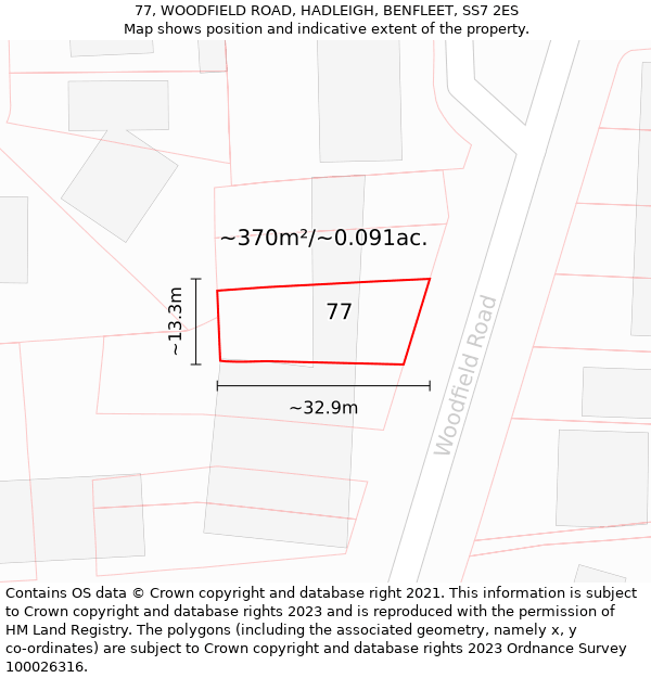 77, WOODFIELD ROAD, HADLEIGH, BENFLEET, SS7 2ES: Plot and title map