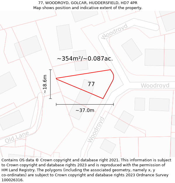 77, WOODROYD, GOLCAR, HUDDERSFIELD, HD7 4PR: Plot and title map