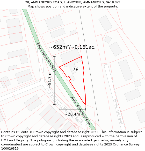 78, AMMANFORD ROAD, LLANDYBIE, AMMANFORD, SA18 3YF: Plot and title map