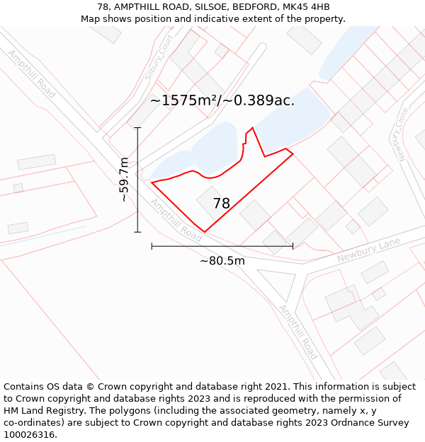 78, AMPTHILL ROAD, SILSOE, BEDFORD, MK45 4HB: Plot and title map