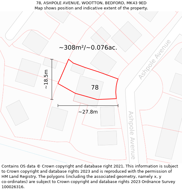 78, ASHPOLE AVENUE, WOOTTON, BEDFORD, MK43 9ED: Plot and title map