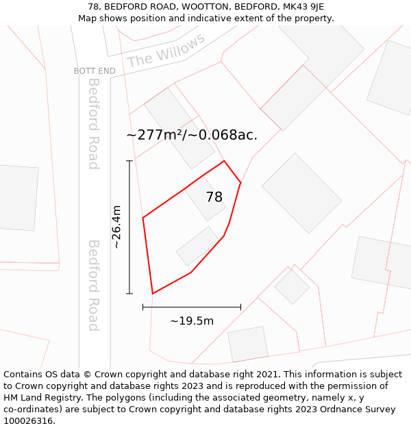 78, BEDFORD ROAD, WOOTTON, BEDFORD, MK43 9JE: Plot and title map