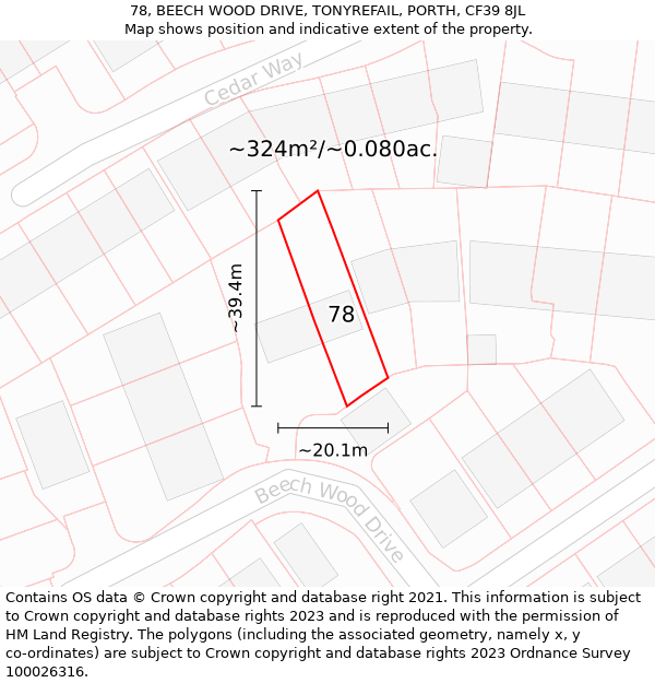 78, BEECH WOOD DRIVE, TONYREFAIL, PORTH, CF39 8JL: Plot and title map