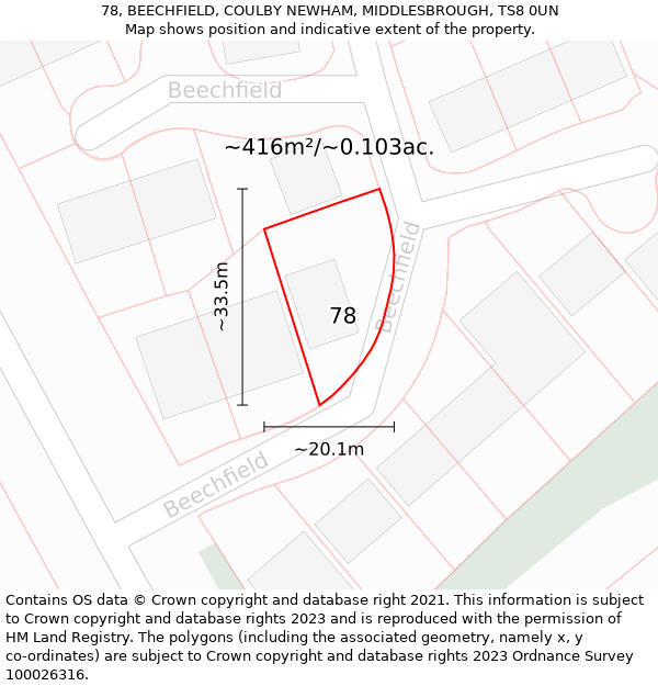 78, BEECHFIELD, COULBY NEWHAM, MIDDLESBROUGH, TS8 0UN: Plot and title map