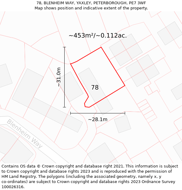 78, BLENHEIM WAY, YAXLEY, PETERBOROUGH, PE7 3WF: Plot and title map