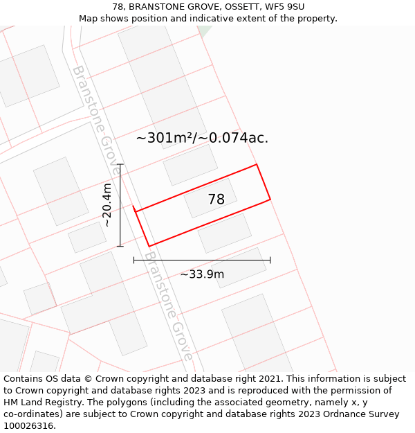 78, BRANSTONE GROVE, OSSETT, WF5 9SU: Plot and title map