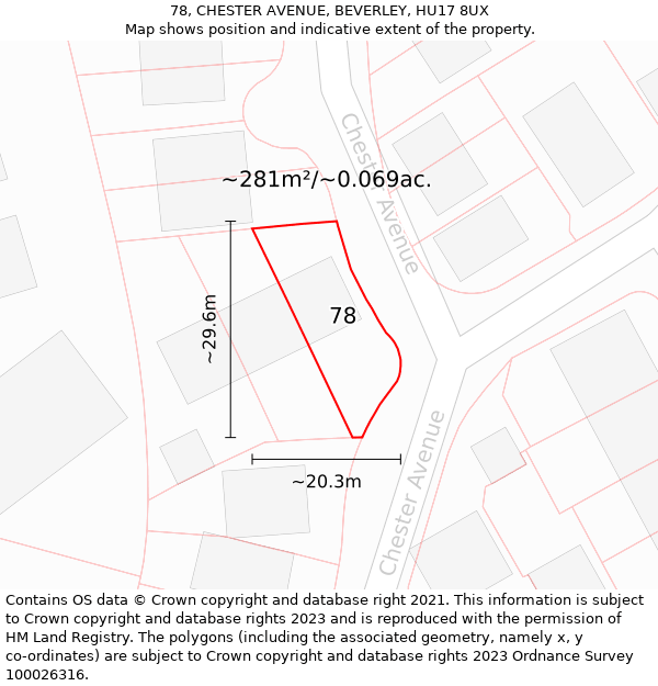 78, CHESTER AVENUE, BEVERLEY, HU17 8UX: Plot and title map