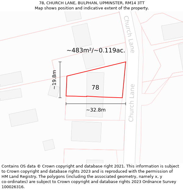 78, CHURCH LANE, BULPHAN, UPMINSTER, RM14 3TT: Plot and title map