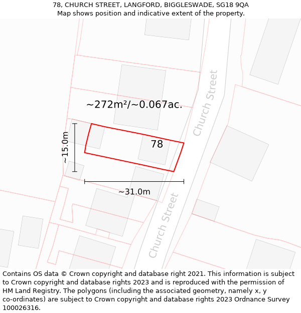 78, CHURCH STREET, LANGFORD, BIGGLESWADE, SG18 9QA: Plot and title map