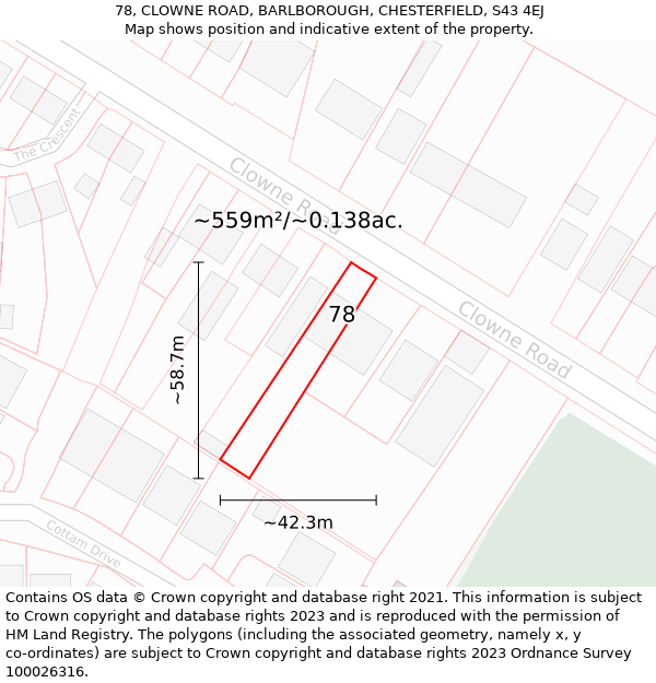 78, CLOWNE ROAD, BARLBOROUGH, CHESTERFIELD, S43 4EJ: Plot and title map