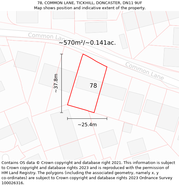 78, COMMON LANE, TICKHILL, DONCASTER, DN11 9UF: Plot and title map