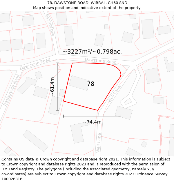 78, DAWSTONE ROAD, WIRRAL, CH60 8ND: Plot and title map