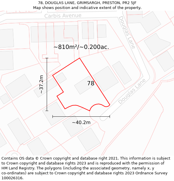 78, DOUGLAS LANE, GRIMSARGH, PRESTON, PR2 5JF: Plot and title map