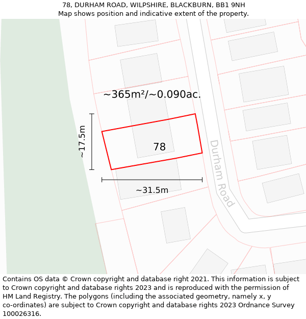 78, DURHAM ROAD, WILPSHIRE, BLACKBURN, BB1 9NH: Plot and title map