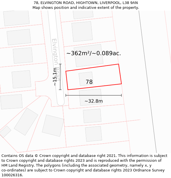 78, ELVINGTON ROAD, HIGHTOWN, LIVERPOOL, L38 9AN: Plot and title map