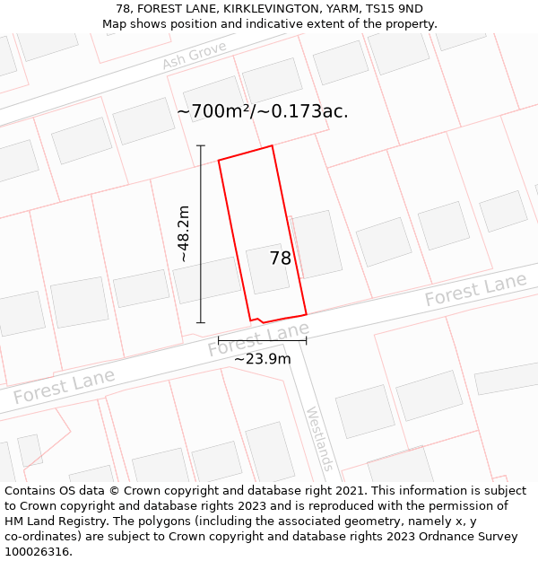 78, FOREST LANE, KIRKLEVINGTON, YARM, TS15 9ND: Plot and title map