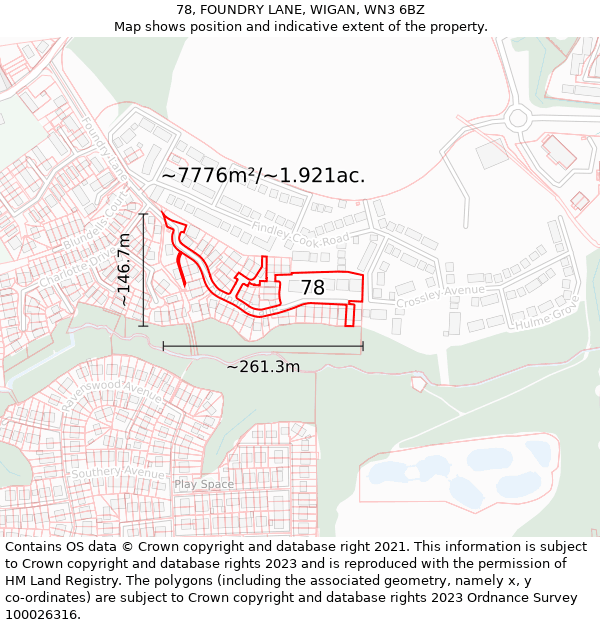 78, FOUNDRY LANE, WIGAN, WN3 6BZ: Plot and title map