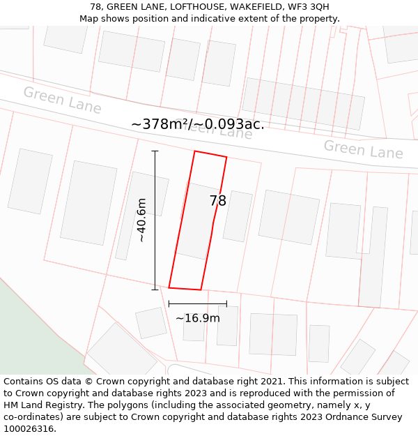 78, GREEN LANE, LOFTHOUSE, WAKEFIELD, WF3 3QH: Plot and title map