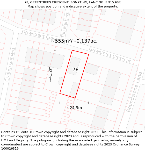 78, GREENTREES CRESCENT, SOMPTING, LANCING, BN15 9SR: Plot and title map