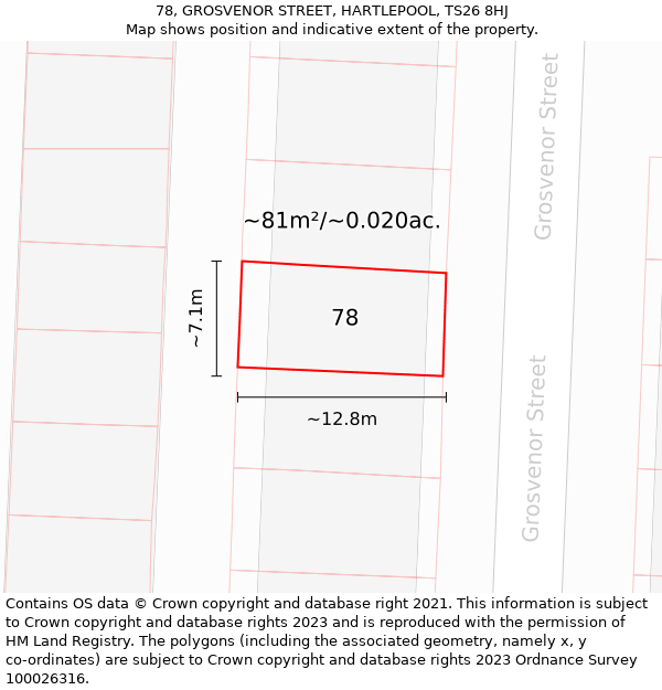 78, GROSVENOR STREET, HARTLEPOOL, TS26 8HJ: Plot and title map