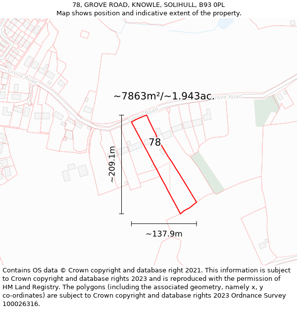 78, GROVE ROAD, KNOWLE, SOLIHULL, B93 0PL: Plot and title map