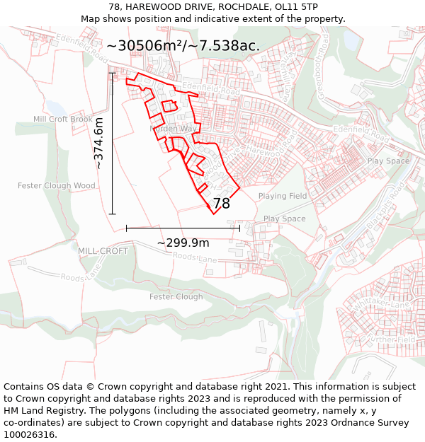 78, HAREWOOD DRIVE, ROCHDALE, OL11 5TP: Plot and title map