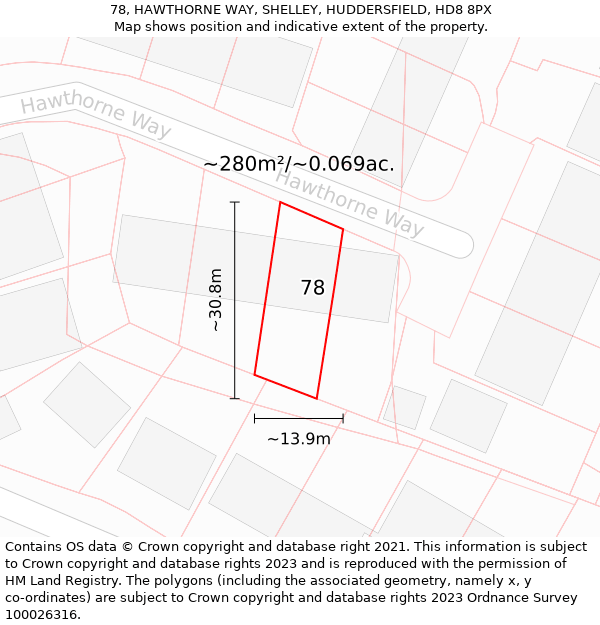 78, HAWTHORNE WAY, SHELLEY, HUDDERSFIELD, HD8 8PX: Plot and title map