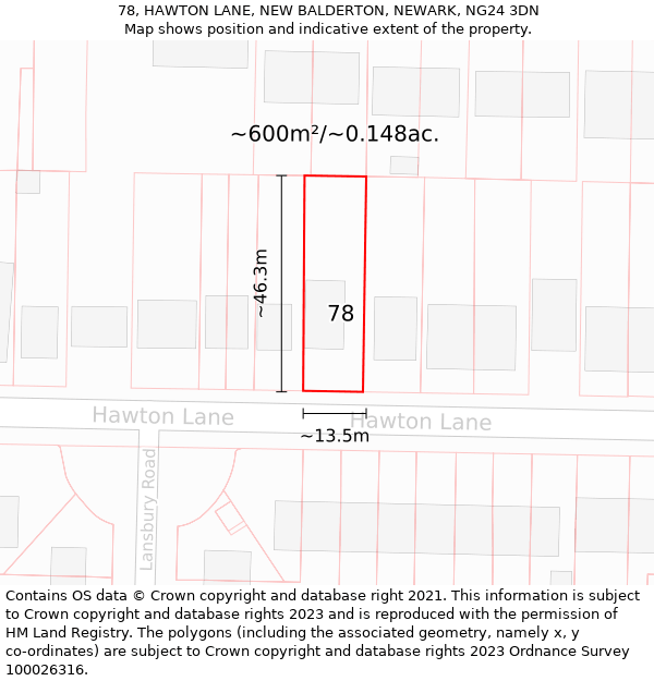 78, HAWTON LANE, NEW BALDERTON, NEWARK, NG24 3DN: Plot and title map