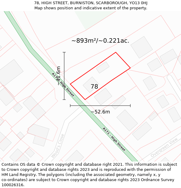 78, HIGH STREET, BURNISTON, SCARBOROUGH, YO13 0HJ: Plot and title map