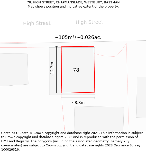 78, HIGH STREET, CHAPMANSLADE, WESTBURY, BA13 4AN: Plot and title map