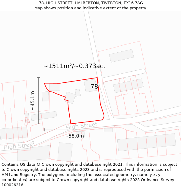 78, HIGH STREET, HALBERTON, TIVERTON, EX16 7AG: Plot and title map