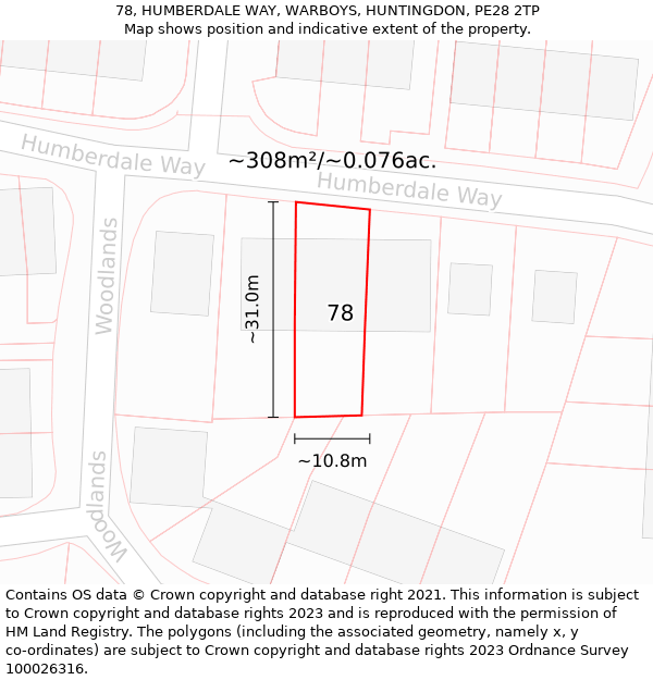 78, HUMBERDALE WAY, WARBOYS, HUNTINGDON, PE28 2TP: Plot and title map